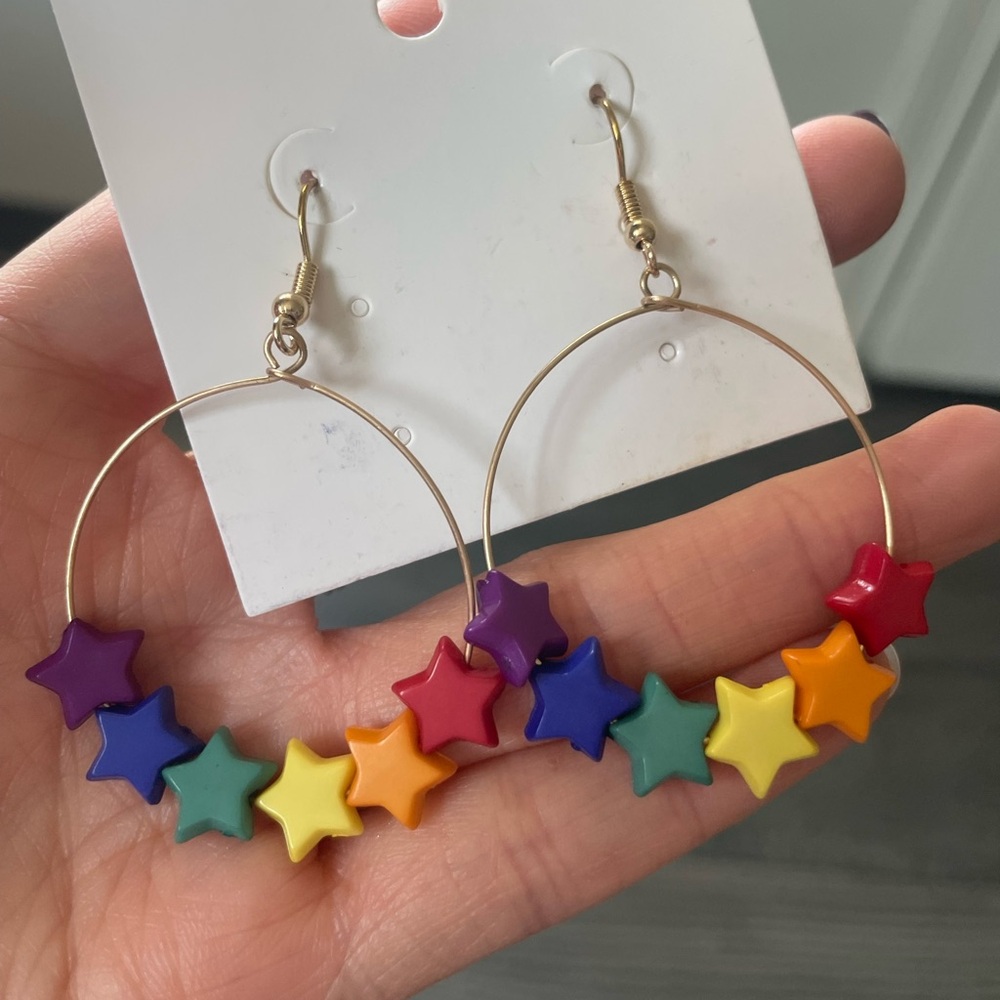 Gold Tone Rainbow Star Hoop Earrings